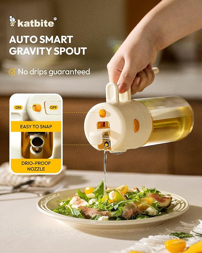 katbite 2 in 1 Oil Sprayer & Pour for Cooking, 18.6 oz(550ml) Glass Olive Oil Dispenser Bottle, One-Touch Open Lid, Non-Drip Leak-Proof Design, Fine Mist(0.5g/Spray) for Air Fryer, Salad, Cream White
