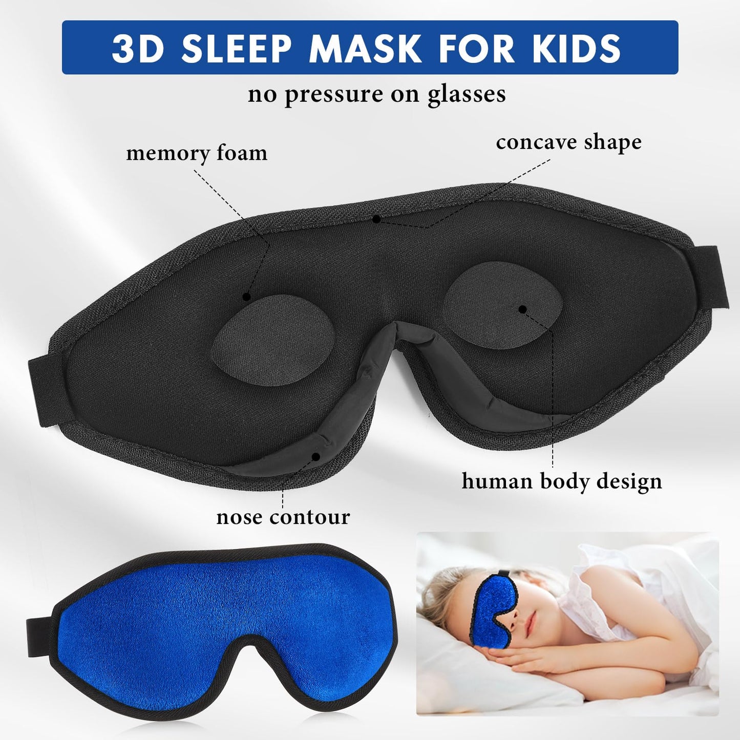 Coume Sleep Mask for Kids 3D Sleeping Blindfold Memory Foam Contoured Eye Mask with Blocking Light with Adjustable Strap(Dark Blue)