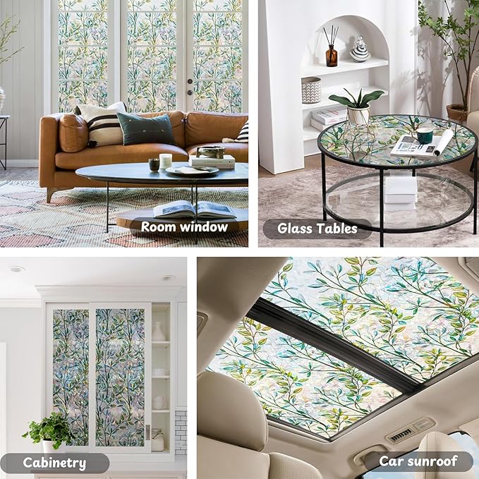 NINETREX Window Privacy Film Stained Glass Window Film 3D Decorative Cling,Sun Blocking Static Cling Removable Film for Glass Door,Home Decor Window Cover Non-Adhesive 17.5 x 78.7 inches,Leaf