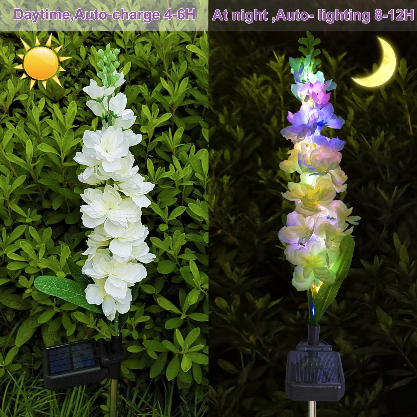 MRHEPHAESTUS Solar Garden Lights, 40 LEDs, Waterproof, 2 Pack, Multicolor, Delphinium Flowers, Model WallLight-1