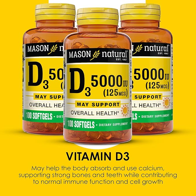 MASON NATURAL Vitamin D3 125 mcg (5000 IU), Supports Bone, Muscle & Immune Health, from Fish Liver Oil, 50 Softgels, Pack of 3