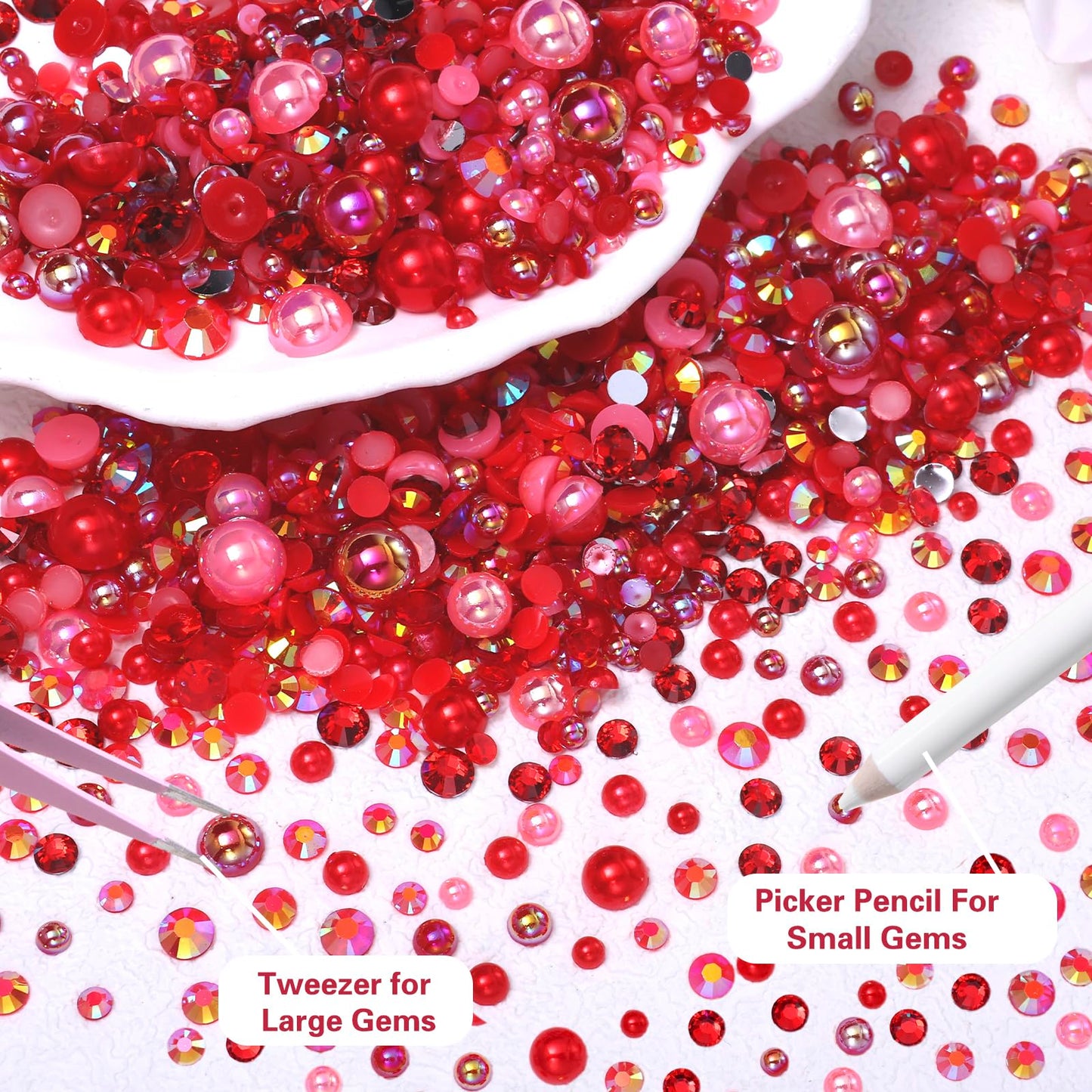 9000 Pcs Red Flatback Pearls and Rhinestones for Crafts, 3/4/5/6mm Jelly Resin Rhinestones, Mixed Size 3/4/6/8mm Half Pearl Beda