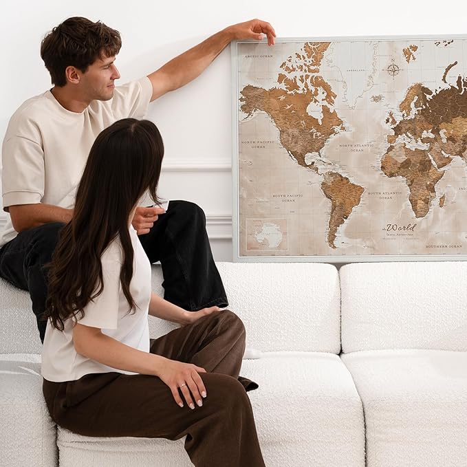Canvas World Map with Cork Pin Board - English Lettering - Decorative Wall Decoration for All Rooms - Canvas Pictures with World Map Motif (120x80 cm, Pattern 17)