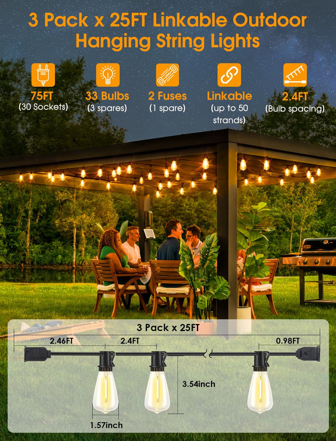 Larkvue Outdoor String Lights, 75FT, Black, 30+3 LED Dimmable Waterproof ST38 Bulbs, Model GLS-20J2P-E17-ST38-15