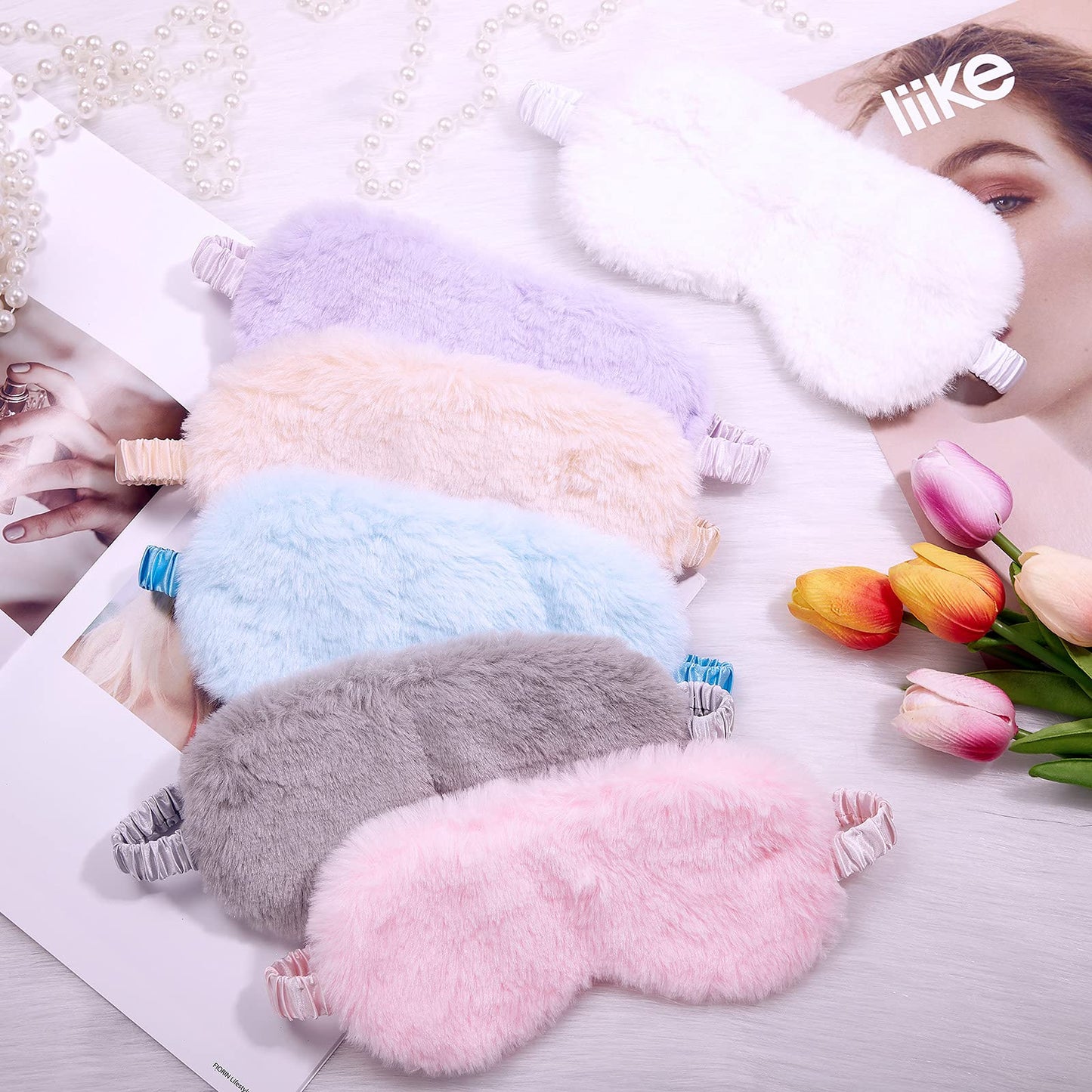 SATINIOR 6 Pieces Plush Eye Mask Soft Sleeping Blindfold Fluffy Eye Cover for Girls and Adult Party Favors