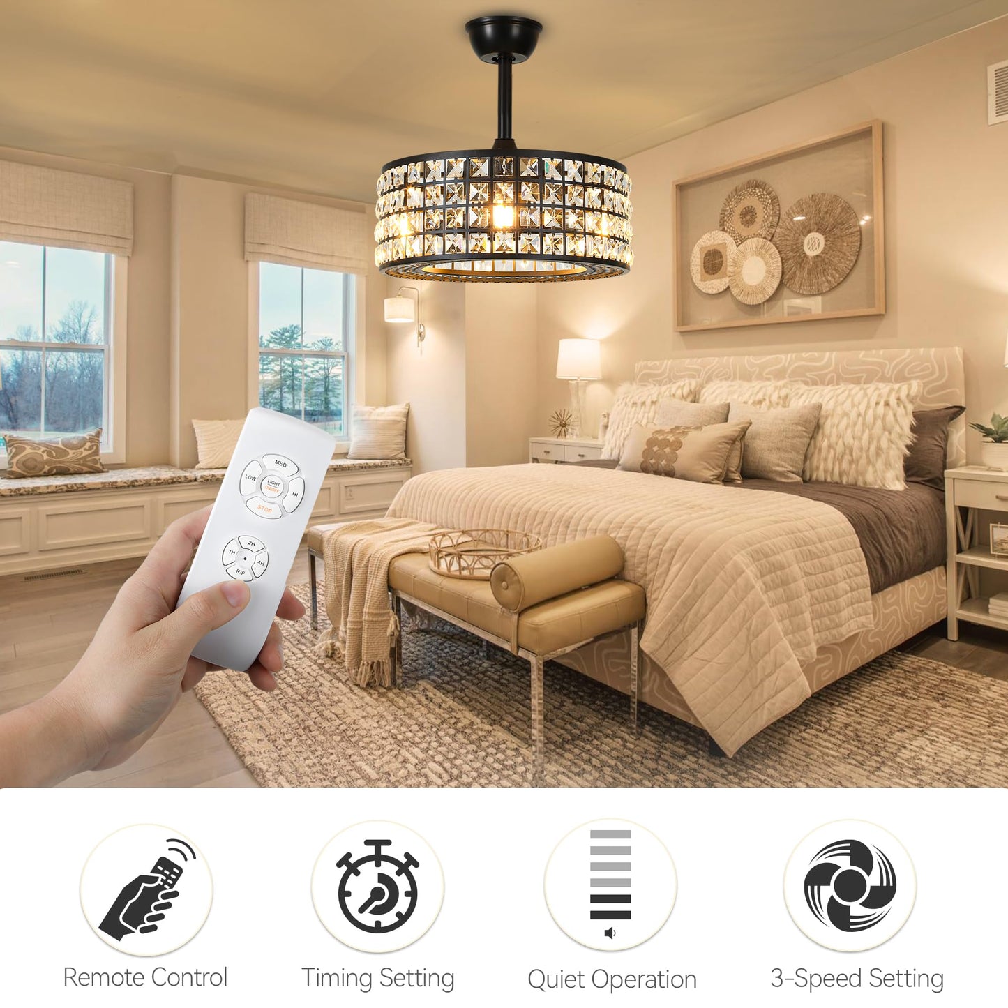 Dwvo 18 Crystal Caged Ceiling Fans With Lights, Enclosed Modern Ceiling Fan With Remote Control Reversible Industrial Chandelier