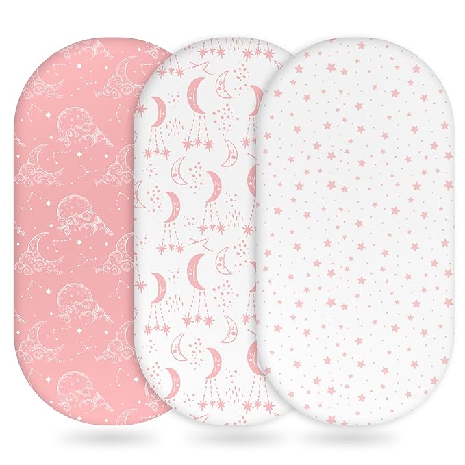 Baby Bassinet Sheets Girl Boy, Fitted Bassinet Sheet Set 3 Pack Bassinet Mattress Sheets Universal Fit for Rectangle, Round, Oval, Hourglass Mattress, Soft Breathable Pink White Moon