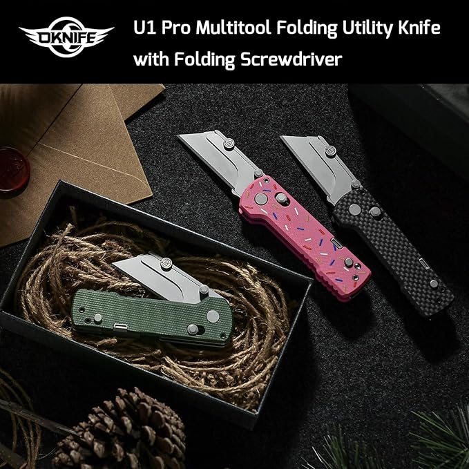 OKNIFE U1 Pro Multitool Folding Utility Knife with Folding Screwdriver, Quick Change Blade, Rail Lock & Pocket Clip for Men Women(Green Micarta）