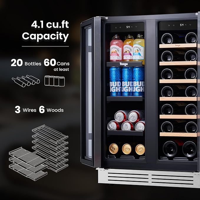 Yeego Wine and Beverage Refrigerator, 24" Dual Zone Upgraded Wine Beverage Cooler Built-In or Freestanding Wine Fridge with Glass French Door,Large Capacity Beer Fridge Holds 20 Bottles & 60 Cans