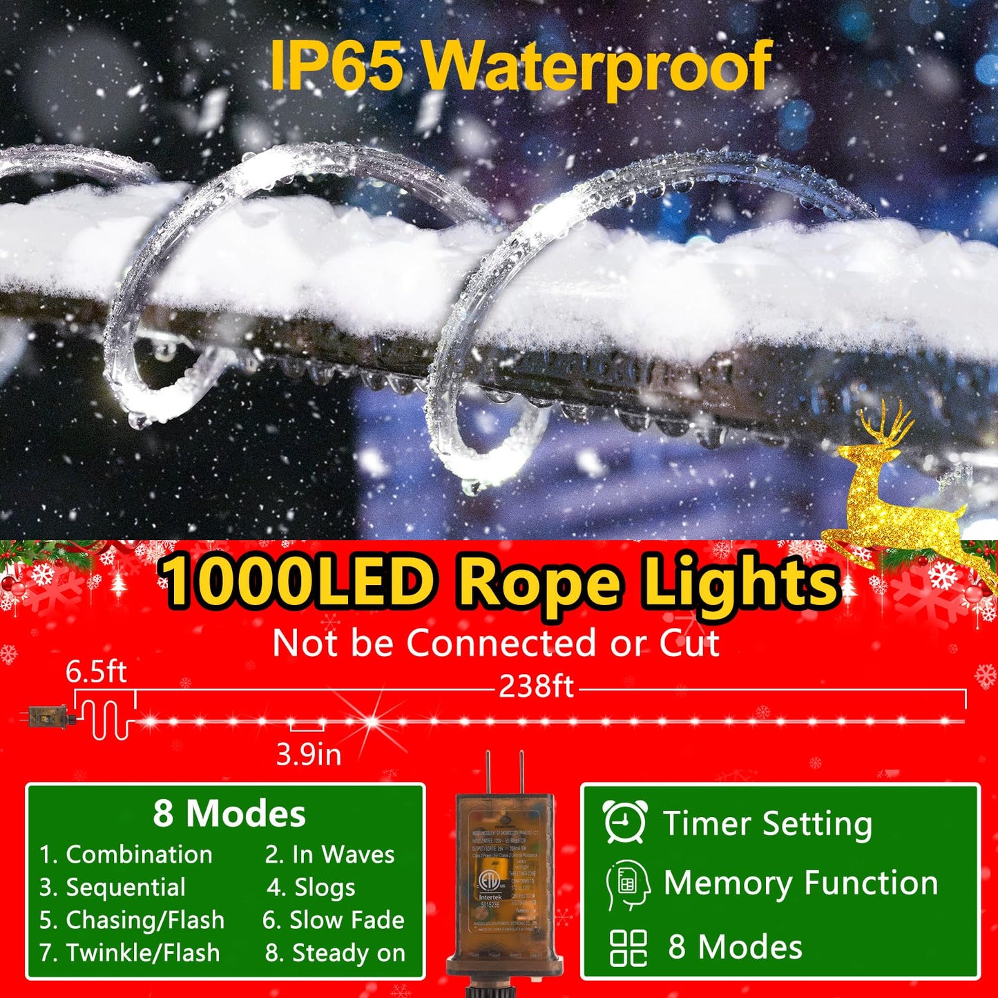 Knonew 164Ft 1000Led Rope Lights For Outside Outdoor String Lights Waterproof 8 Modes Clear Tube Light For Indoor Bedroom Wedding Garden Patio Christmas Tree Rv Holiday Decoration(Cold White)