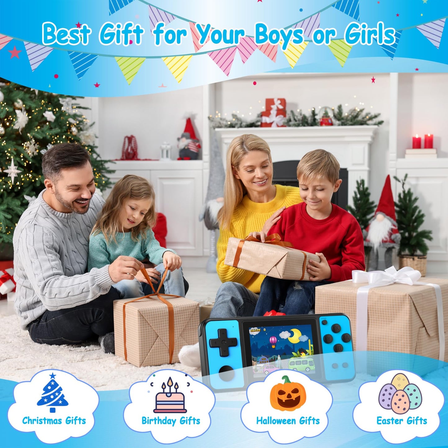 TEBIYOU 32 Bit Handheld Games for Kids Built-in 139 Video Games, 3.0" IPS Screen Rechargeable Travel Toys for Ages 4-13, Mini Electronic Gaming Player Xmas Birthday Gifts for Boys Girls (Blue)