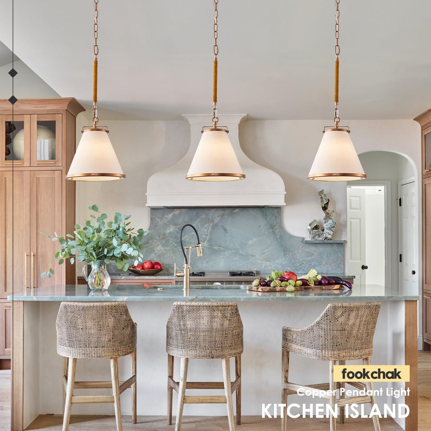 Fookchak Vintage Brass Pendant Light Kitchen Island 10Inch Linen Pendant Lights With Brass Hemp Rope Rod Modern Farmhouse Pendant Hanging Lighting For Kitchen Sink Dining Room Entryway Hallway