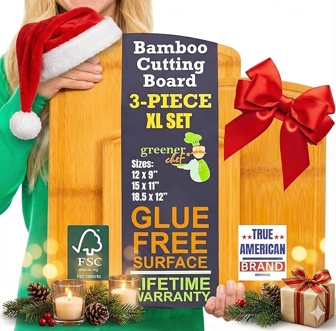 Bamboo Cutting Boards for Kitchen with Glue-Free Surface and Lifetime Replacements – Organic Wooden Chopping Board with Juice Grooves for Carving & Serving, Non Toxic & Durable by Greener Chef
