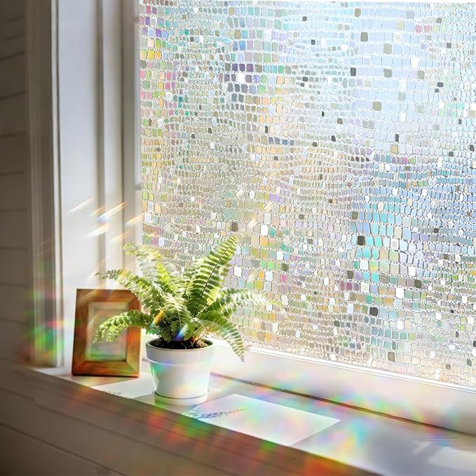Windimiley Rainbow Window Privacy Film, 3D Stained Glass Christmas Decorative Window Clings, UV Heat Blocking Holographic Prism Stickers for Home(23.6 x 118.1In,Pure)