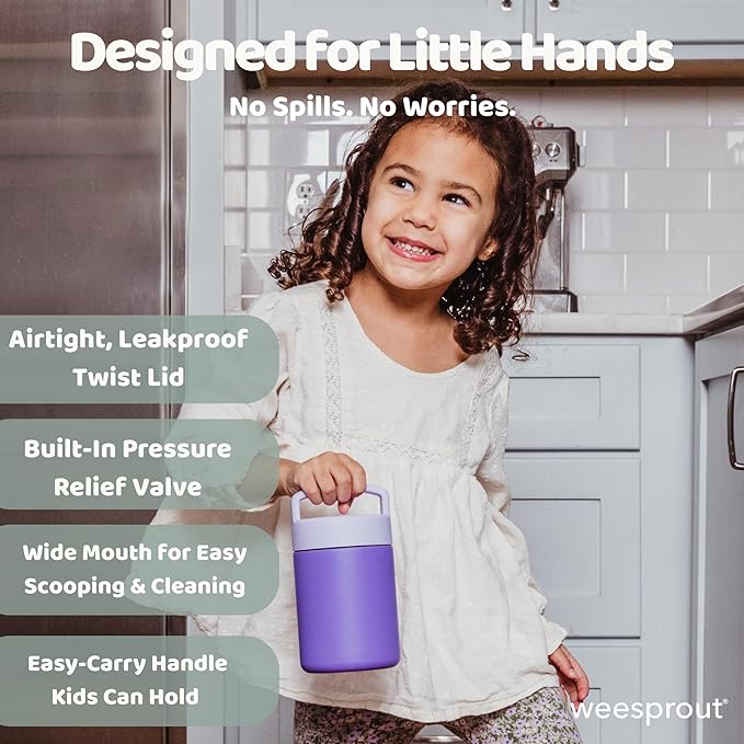 WeeSprout Insulated Stainless Steel Lunch Thermos, Soup Bottle for Hot & Cold Foods, 12 oz Jar for Children, Kid-Friendly Handle, Leakproof Container, Termos Para Comida Caliente (Purple)