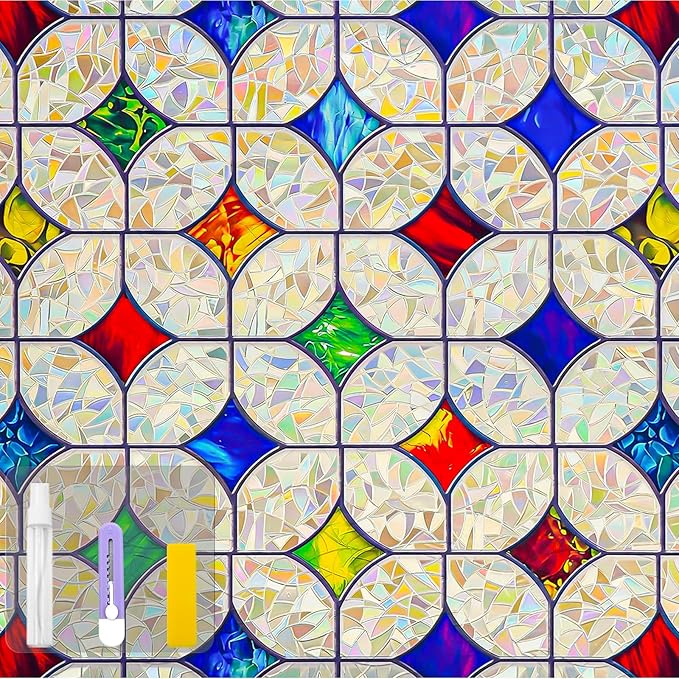 QHY Sunshine Colorful Rainbow Stained Glass Window Film Non-Adhesive Window Privacy Film Reusable Decorative for Room (Rainbow Mosaic, 35.4 X 78.7 in)