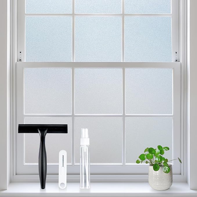 rabbitgoo Frosted Glass Window Privacy Film, No Glue, Anti-Glare Heat Blocking, Easy to Install, Renter Friendly Removable Opaque Bathroom Window Clings for Glass, 23.6 by 78.7 inch