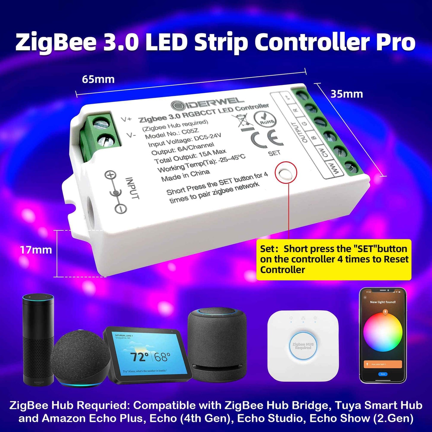 GIDERWEL Zigbee LED Controller RGBCCT Dimmable Compatible with Hub, Alexa, 6 Wire, Plastic, Zigbee 3.0