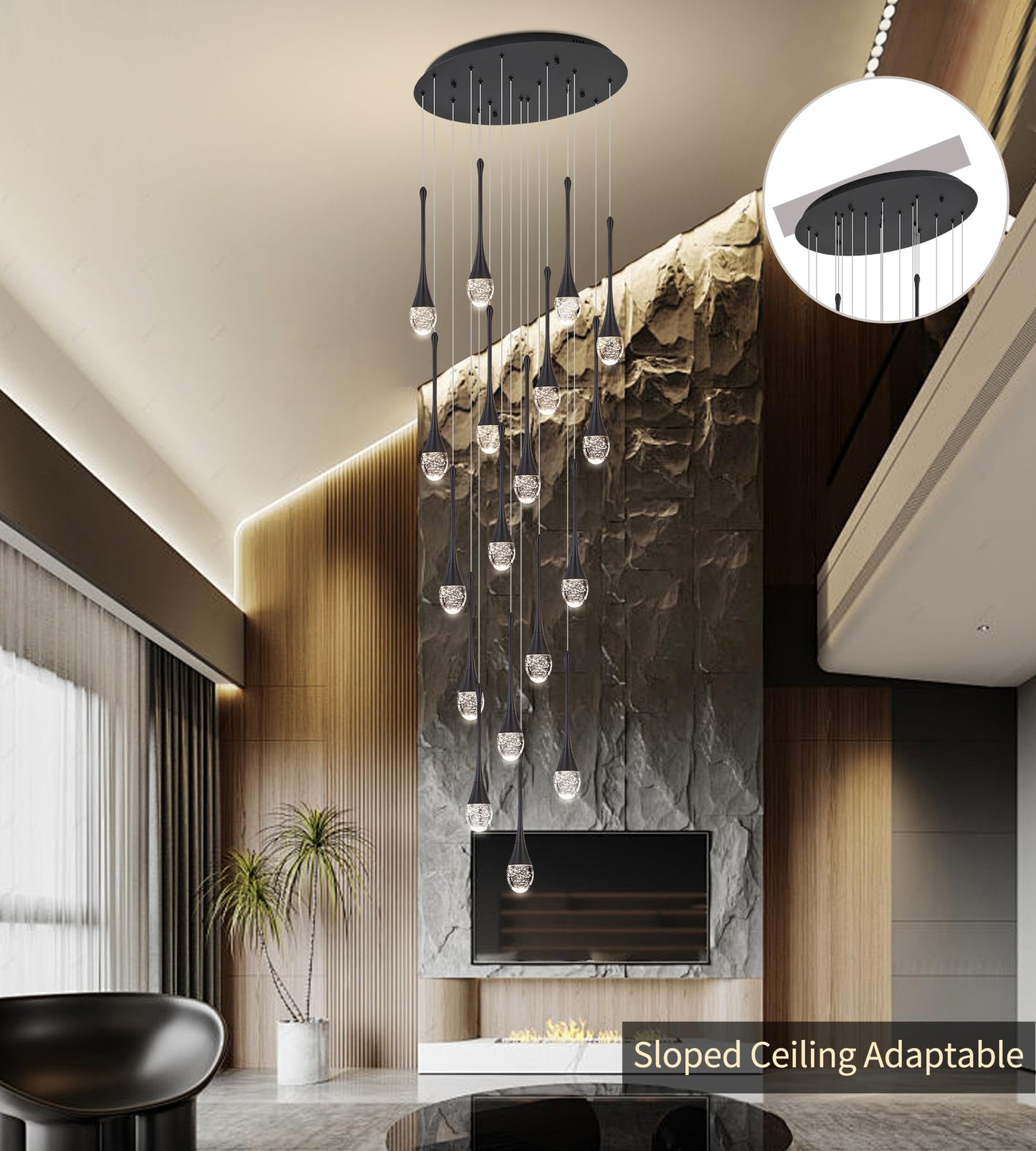Upfelw Modern Crystal Chandelier 18 Lights Polished Black Large High Ceiling Spiral Dimmable LED Model UCC-B18-0436