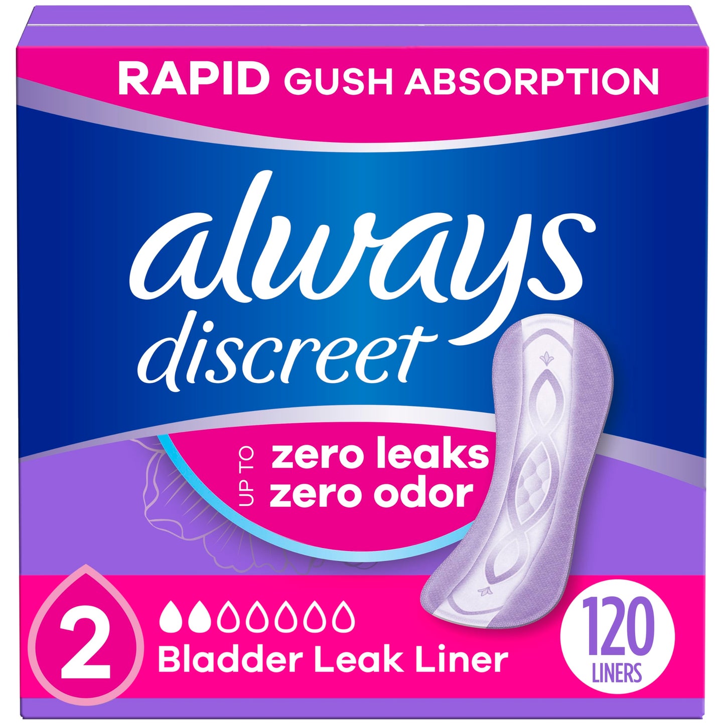 Always Discreet Incontinence Panty Liners for Bladder Leaks, Size 2, Very Light Absorbency, 120 Count