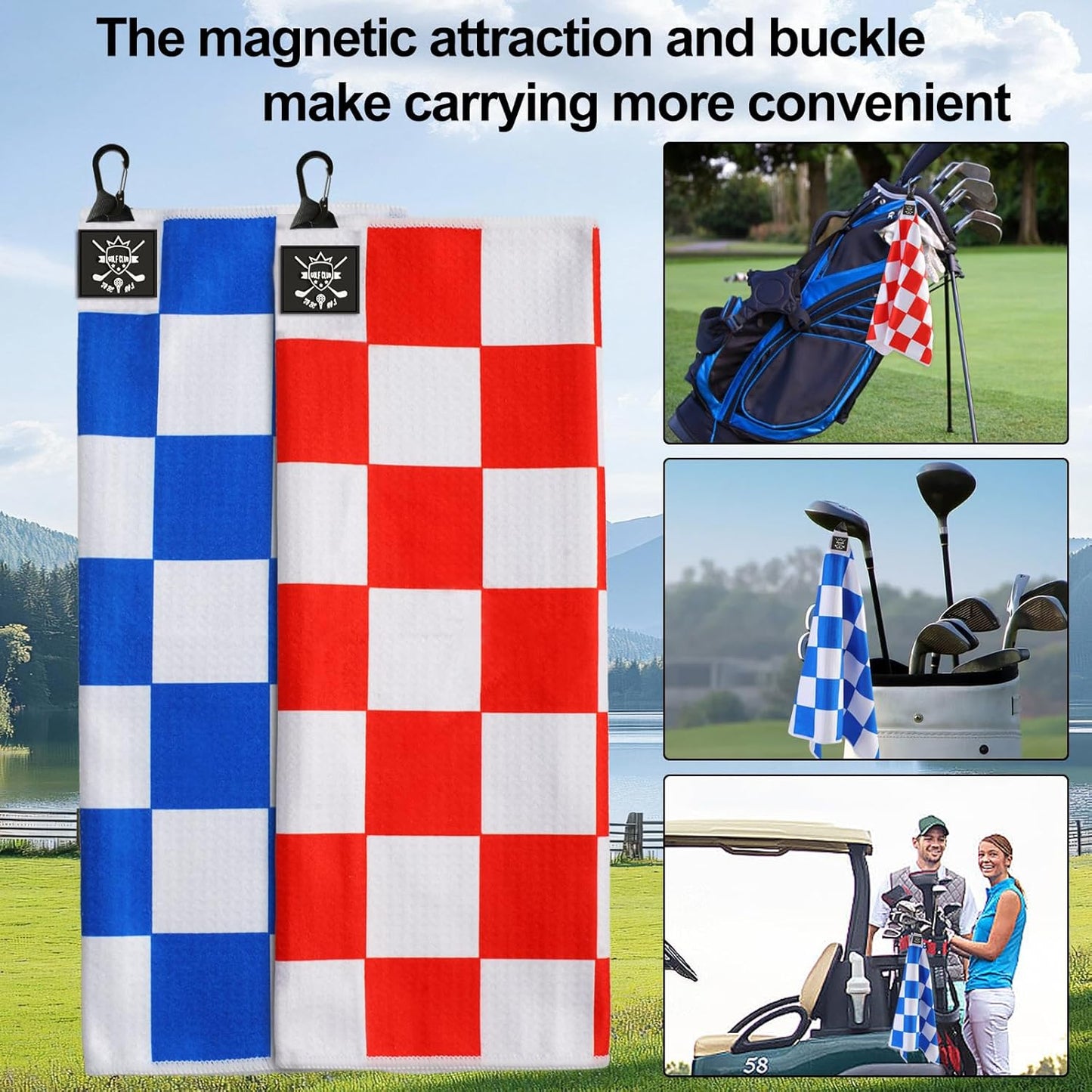 2 Pack 24"x16" Magnetic Golf Towels - Premium Waffle Pattern, with Magnet & Carabiner Clip for Golf Bags, Carts & Clubs. Essential for Men & Women Golfers - Red/Black