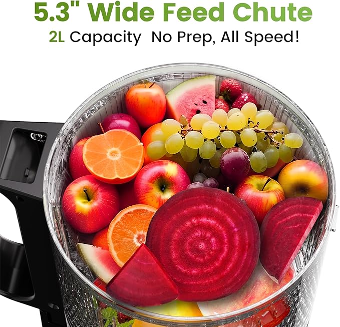 Cold Press Juicer, Juicer Machines 5.3"Wide Feed Chute for Whole Fruits & Vegetables, Electric Juicer of Pulp Separation with 99% High Juice Yield, Preserves Nutrients, Easy to Clean, BPA Free