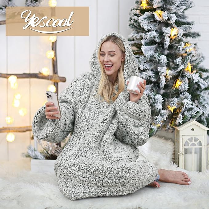 yescool Wearable Blanket Hoodie, Flannel Sherpa Fleece Blanket Sweatshirt for Adults Women Men,One Size Fits All