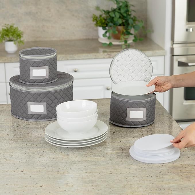 China Storage Case - Salad Plate Quilted Case - 10" W x 6" H - Gray - Includes 12 Felt Separators - Stackable With Padded Interior to Store your Dinnerware Dishes