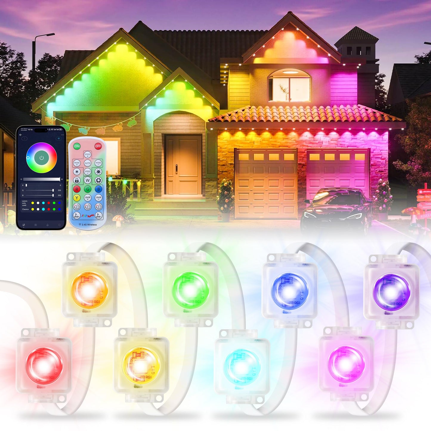UPONELED Outdoor LED Lights, 120FT RGB Waterproof Eaves Light, App/Remote Control, Model UPLEL-120, White