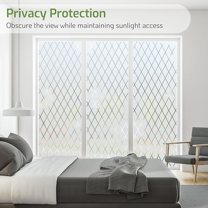 LUTE Frosted Window Privacy Film, Static Cling UV Sun Blocking Heat Control Window Cover, Removable Non-Adhesive Glass Sticker Vinyl Decorative Frosting Decals for Home Office, Lattice, 35.4" x 78.7"