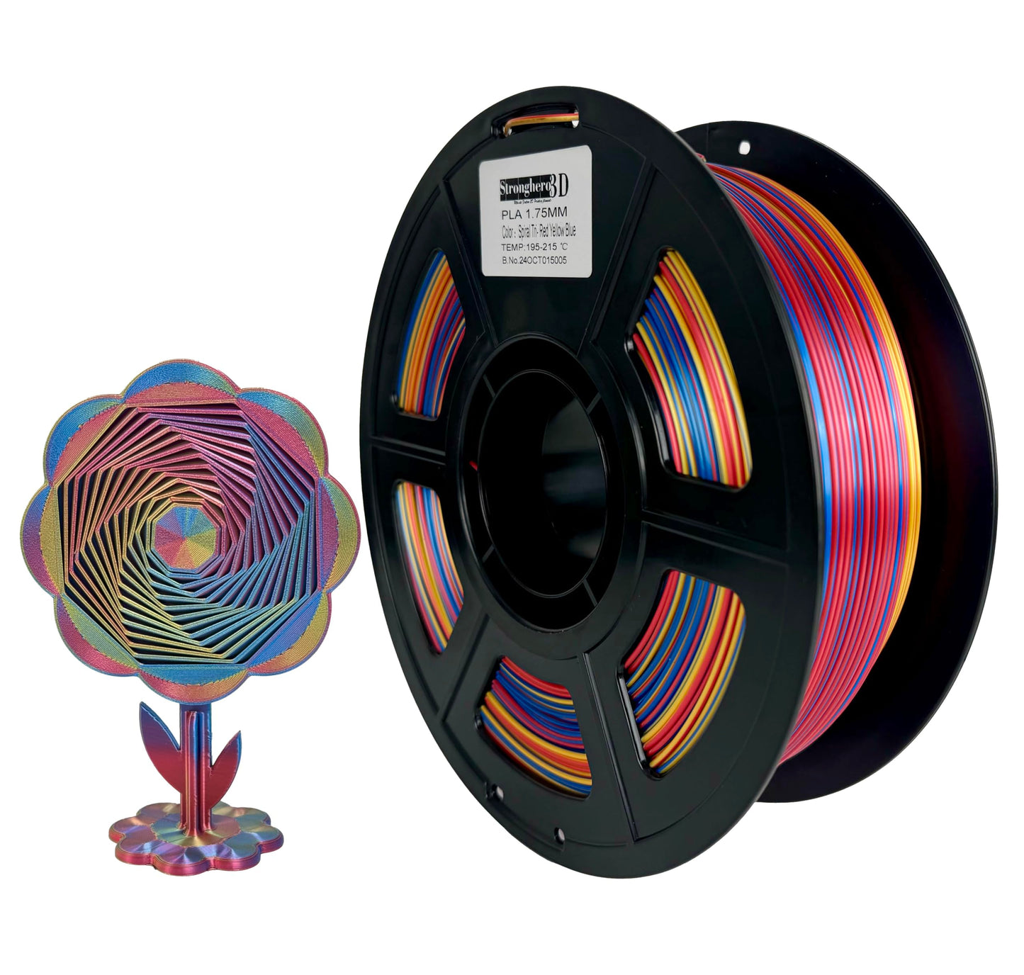 Stronghero3D PLA 3D Printer Silk Filament,Spiral PLA Tri-Color Co Extrusion,Red-Yellow-Blue,Ribbon Filament,Diameter 1.75mm Accu