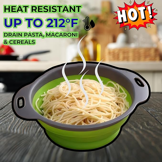 Collapsible Colander Set,Premium Food Grade Silicone Folding Strainers with Handles Space Saving Colanders for Draining Pasta,Vegetables & Fruits,Ideal for Kitchen & Travel (2pc)