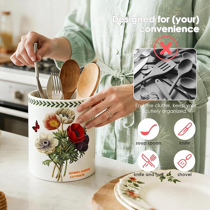 ACMLIFE Extra Large Cooking Utensil Holder, 7.3" Kitchen Utensil Holder for Countertop, Utensil Crock for Farmhouse Kitchen Decor, Ceramic Stable Utensil Caddy, Floral (Beauty)
