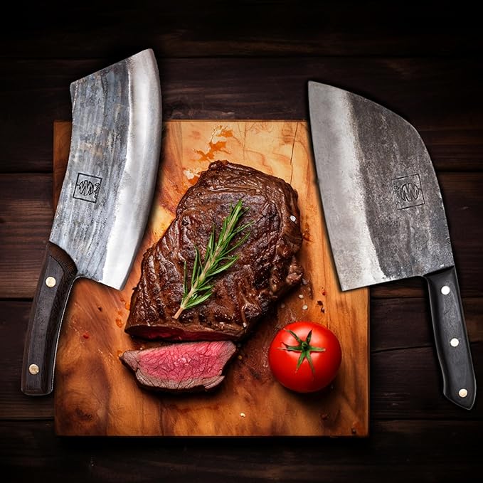 COOLINA Knife Set – Promaja Hand-Forged Butcher Knife & Chef Knife Bundle – Full Tang Carbon Steel Cleaver and Cooking Knife with Wooden Handles – Professional Kitchen & BBQ Knives