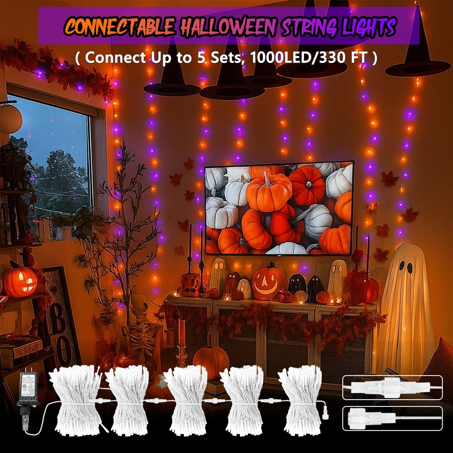SANJICHA Halloween String Lights 200 LED, 66FT Waterproof, Orange and Purple, 13 Modes, Clear Wire, Model MLS-D29V6WUC-O