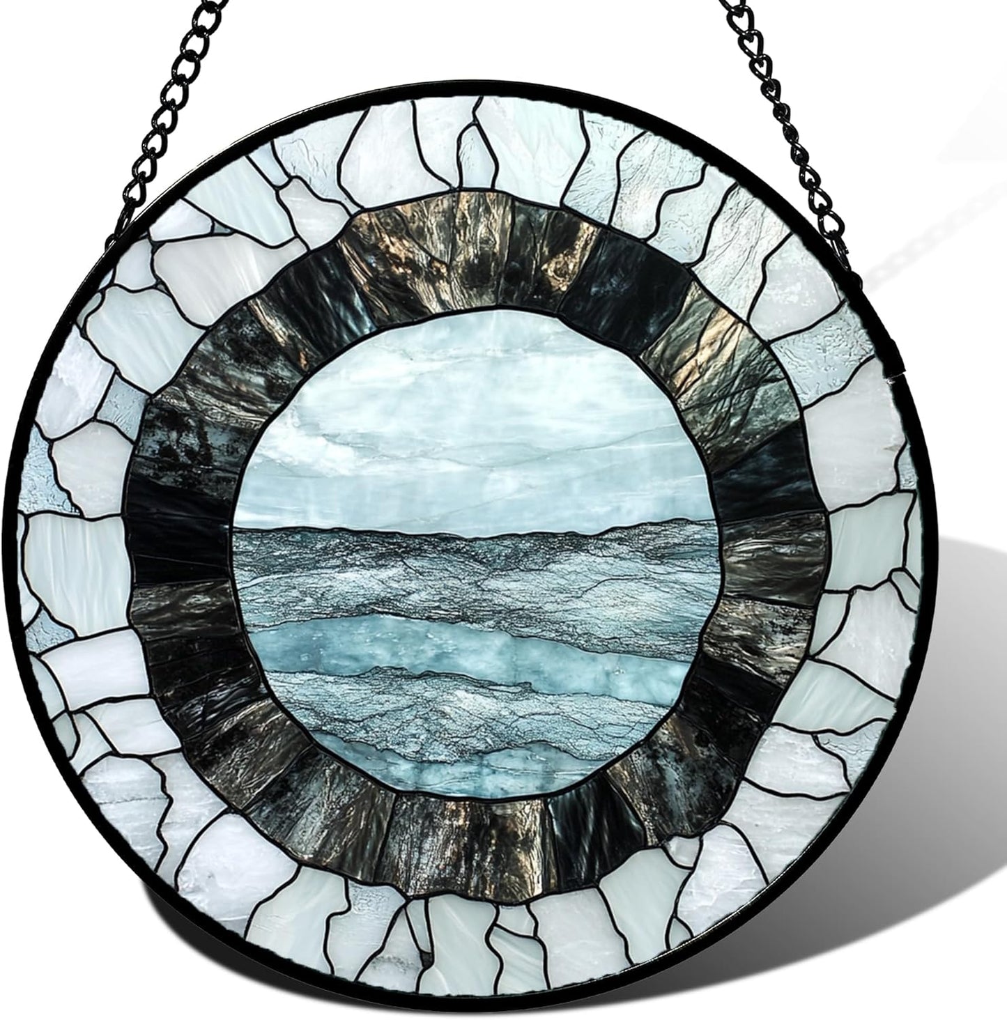 Stained Glass Window Hanging - Abstract Sea Surface Suncatcher for Doors Garden Patio Round Sun Catchers Decor Christmas Mother's Day Birthday Gifts for Women Men Mom Nana Friend 9.8 in
