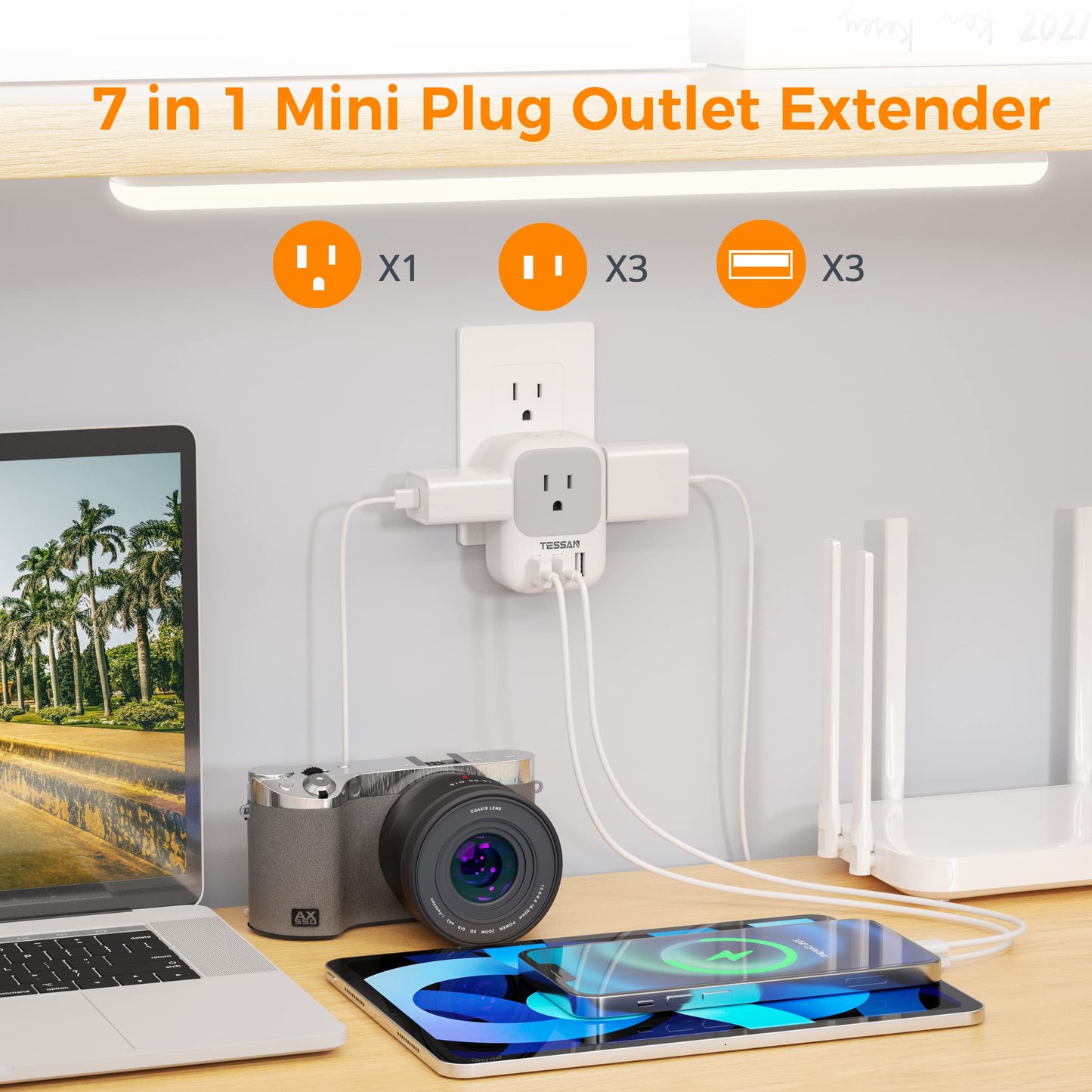 Tessan Usb Charger Block, Wall Plug Adapter With Electrical 4 Box Splitter 3 Usb Wall Charger Ports, Multi Plug Outlet Extender