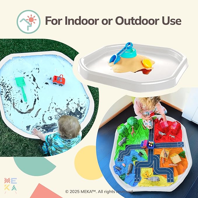 MEKA Tuff Tray with 3 Play Mats, Sensory for Kids Road, Water, Color Themes, Indoor Outdoor Use, Home or Classroom (White, Small 28" x 28")