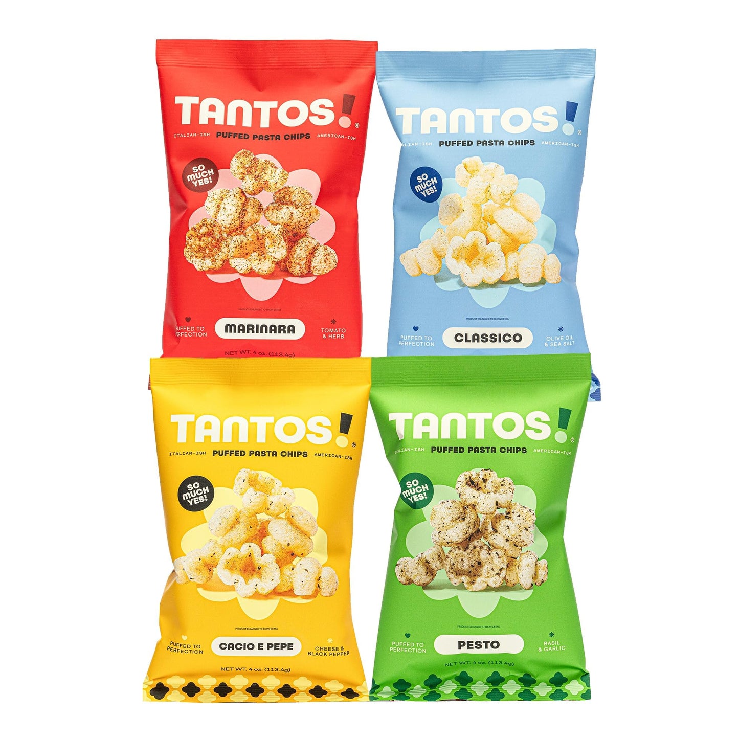Tantos! Puffed Pasta Chips - Healthy Pasta Snack by Top Chef Joe Sasto - Plant-Based  Low Calorie  Crunchy Chips - Variety Pack - Marinara  Pesto  Cacio e Pepe  Classico - Gourmet Bold Flavors - (4oz-4 Pack (1 of Each Flavor)  Variety)