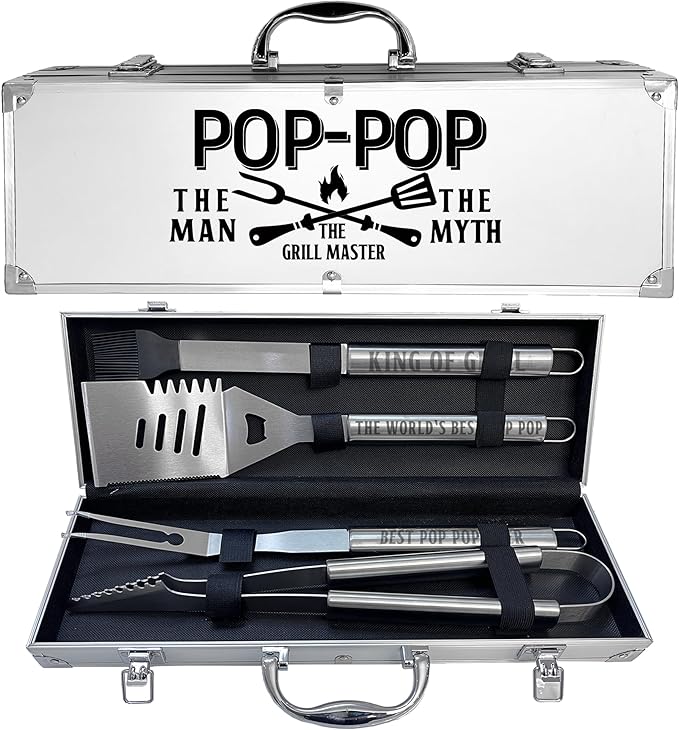 Pop Pop Gifts, Christmas Popop Gifts from Grandkids Heavy Duty Grilling Accessories Kit for Backyard BBQ, Thick Stainless Steel Grill Utensils with Non-Slip Handle Tool Grilling Gift for Man