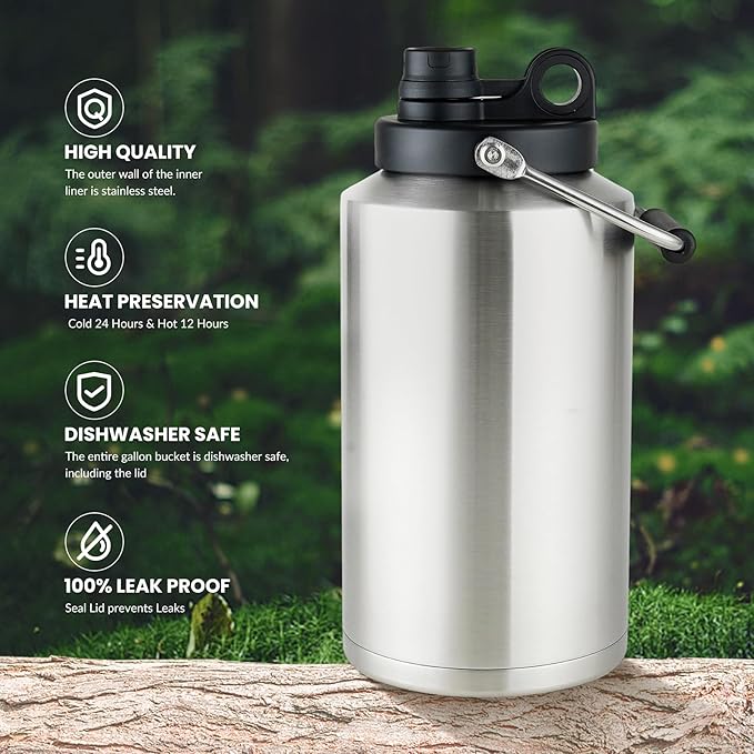 1 Gallon Water Jug Bottle Insulated, 128oz Stainless Steel Water Bottle Wide Mouth Double Vacuum Dishwasher Safe BPA Free for Hot & Cold Drinks Stainless Steels