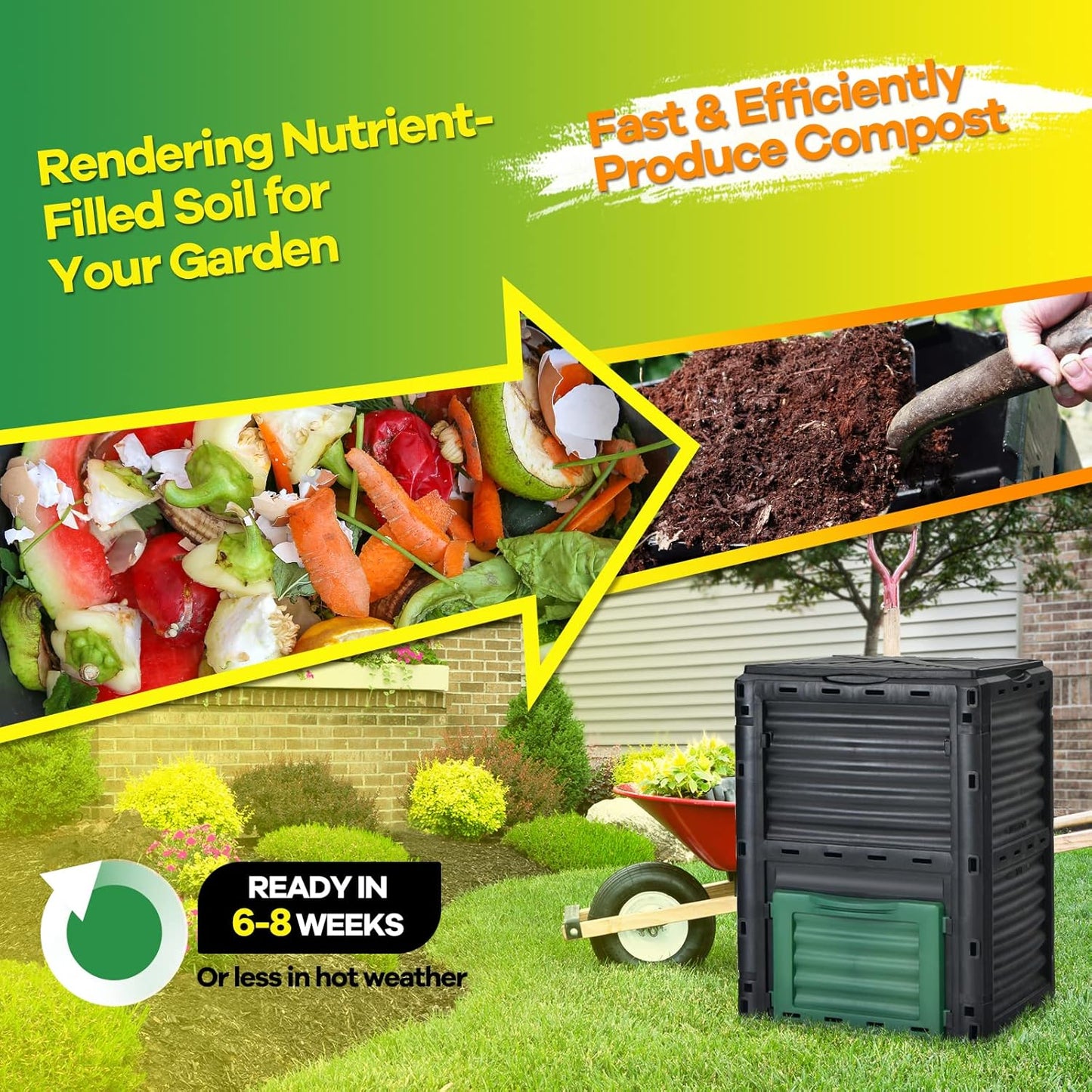 Goplus Compost Bin, 80 Gallon (300 L) Large Outdoor Composting Box w/Top Flip Latch-on Lid, Bottom Exit Door, BPA Free Material, Grass Food Trash Composter Barrel for Garden Yard, Easy Assembly