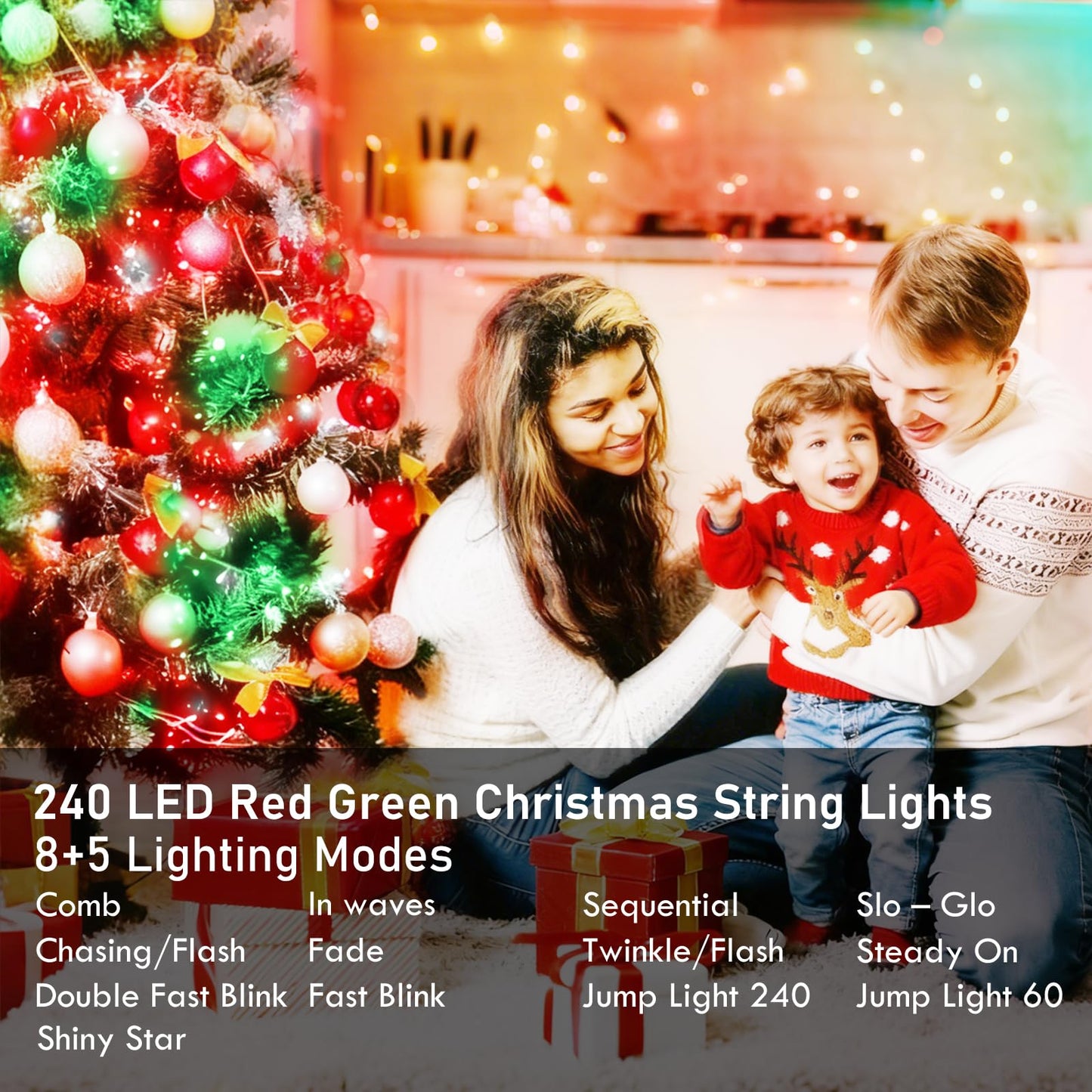 88Ft 240Led Extra-Long Connectable String Lights Indoor Outdoor Clear Wire  Red&Green Christmas String Lights  Plug In Twinkle Fairy Light With Timer For Wedding Patio Tree Yard Christmas Decorations