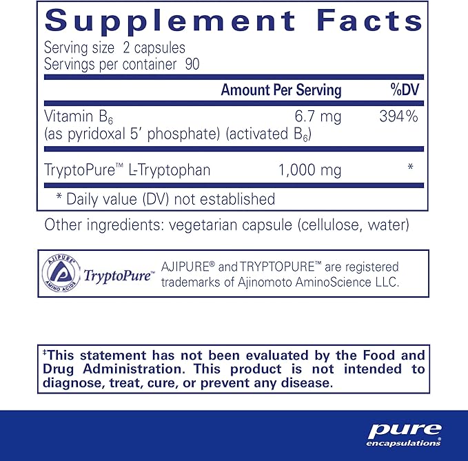 Pure Encapsulations L-Tryptophan | Amino Acid Supplement for Relaxation, Serotonin Support, PMS, and Sleep* | 180 Capsules