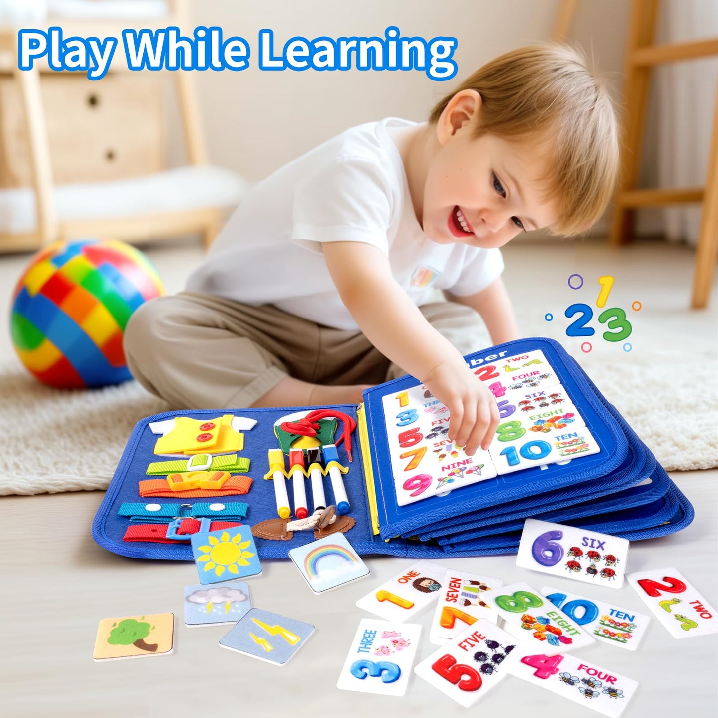 12-page Toddler Busy Board Montessori Toys for 1 2 3 4 Years Old, Busy Book for Toddlers 1-3 Boy Birthday Gift, 24 in 1 Activity Sensory Toys for Motor Skills, Travel Toy for Car Airplane (Blue)