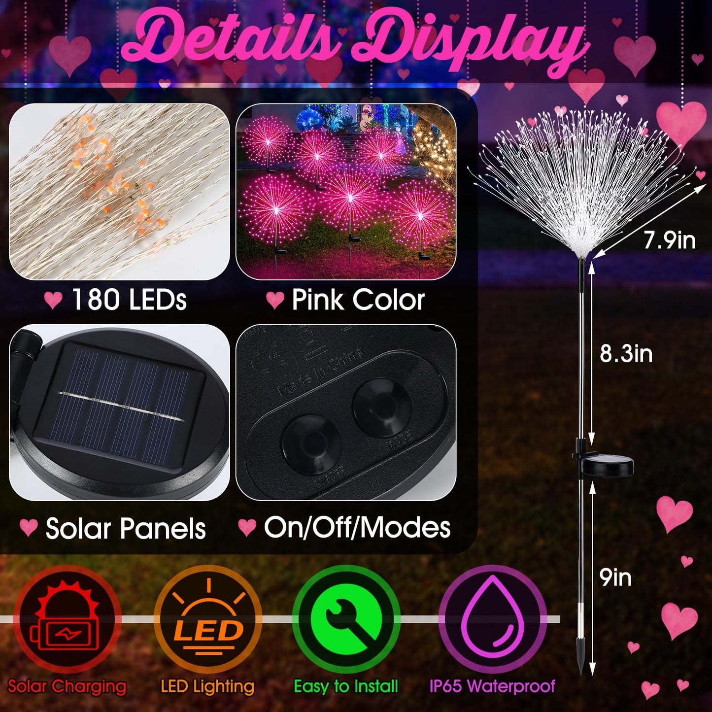Tujoe 4 Pcs Valentine's Day Solar Lights Outdoor Pink Solar Firework Lights Decoration 180 LEDs 8 Modes Waterproof Valentine LED Stake Sparkler for Walkway Pathway Driveway Garden Yard Lawn Path(Pink)