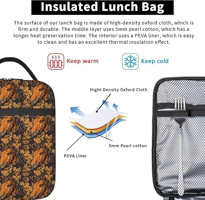 Vintage Horse Lunch Box for Adults,Men,Women,Brown Animal with Floral Background Insulated Lunchbox,Leakproof Tote Bag,Reusable Cooler Bags for Work,Picnic,Office,Travel,Stylish Lunchbag Gifts
