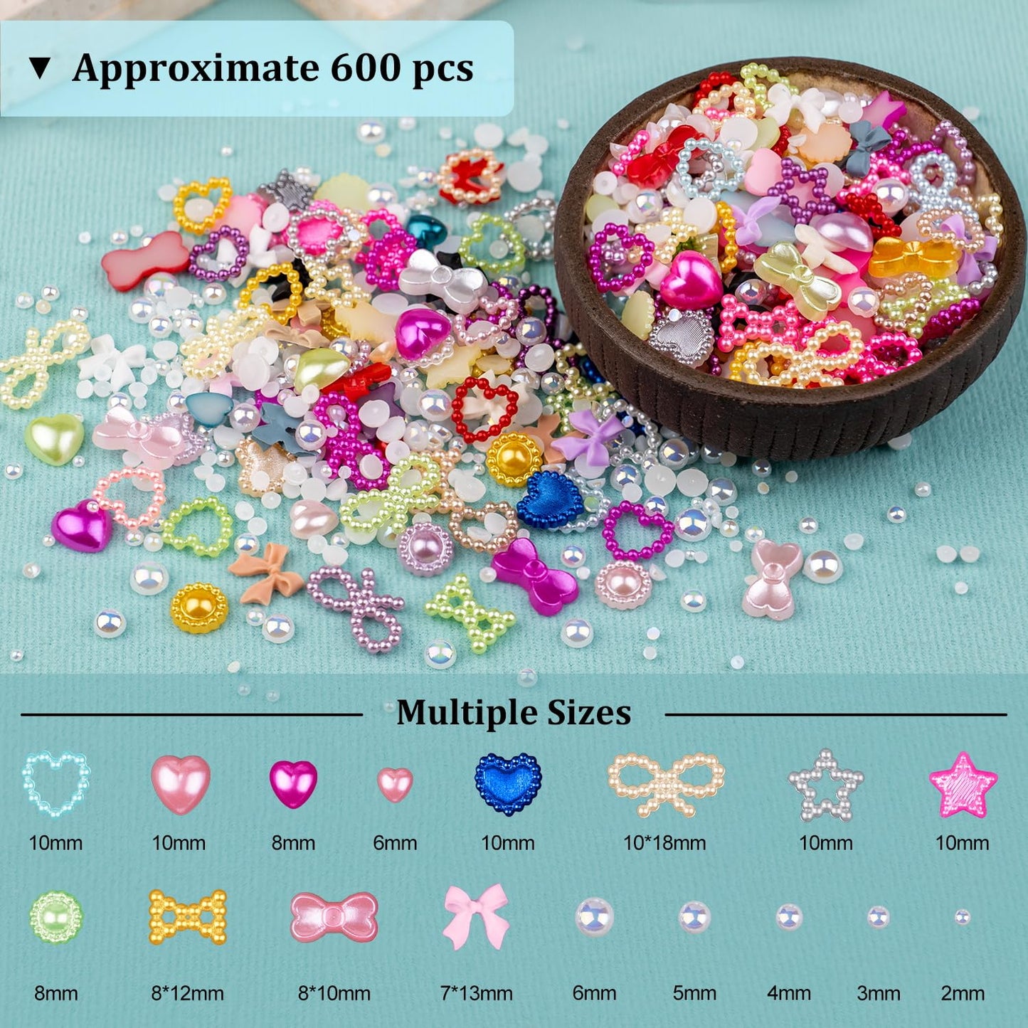 600Pcs 3D Multi Shapes Nail Charms and Flatback Pearls, Colorful&White Mix Styles Heart Star Bow Sunflower Embellishments for Na