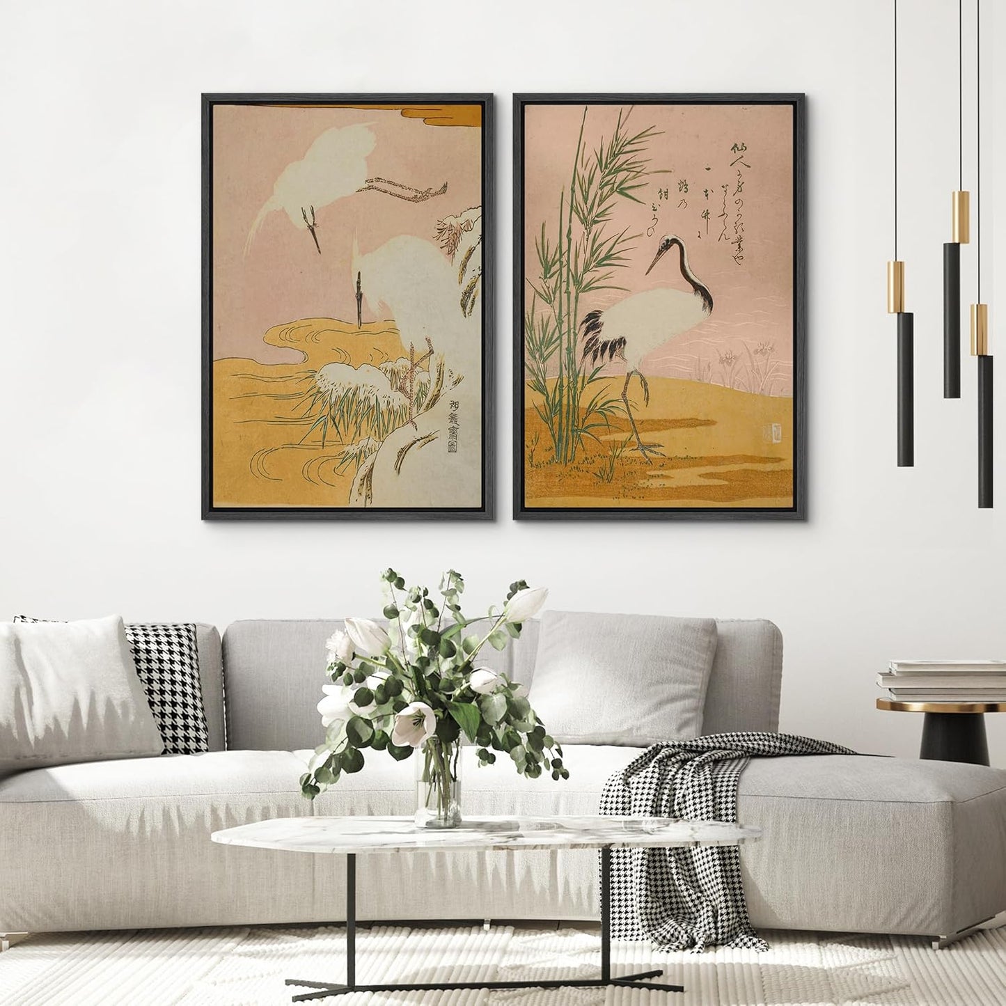 SIGNWIN Framed Canvas Print Wall Art Set Japanese Crane Vintage Style Bird and Bamboo Illustrations Modern Art Rustic Minimal for Living Room, Bedroom, Office - 16"x24"x2 Black