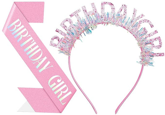 Papoopy Birthday Headband with Sash for Women, Birthday Crwon Tiara for Decorations